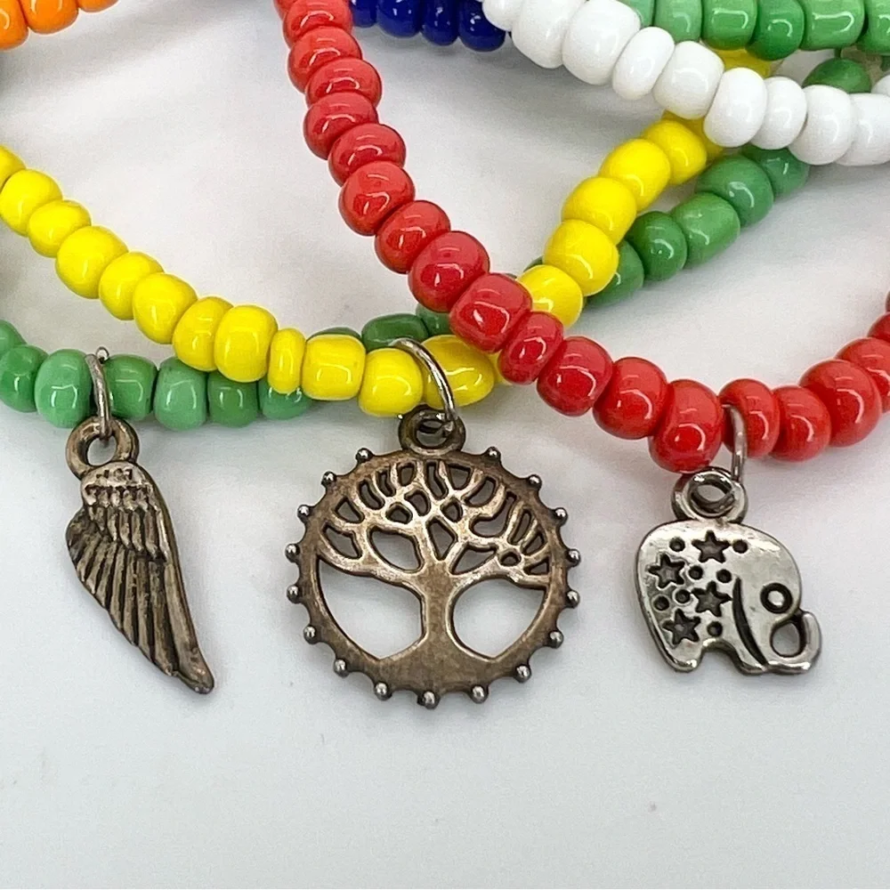 7 Glass Seed Bead Stretch Bracelets With Charms, Vibrant Multiple Colors, EUC